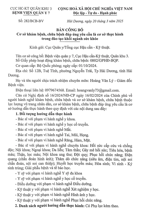 Công bố cơ sở khám bệnh, chữa bệnh đáp ứng yêu cầu là cơ sở thực hanh trong đào tạo khối ngành sức khỏe